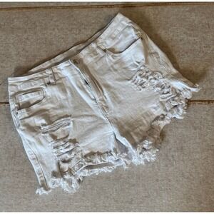 White Distressed Denim Shorts Women's XL Frayed Hem Mid Rise‎ EUC
